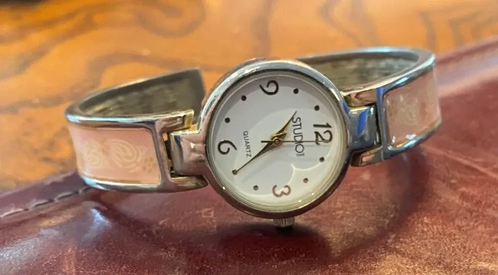 Women's 25mm Silver Tone Sudio Time Watch, Pink Acrylic Accents